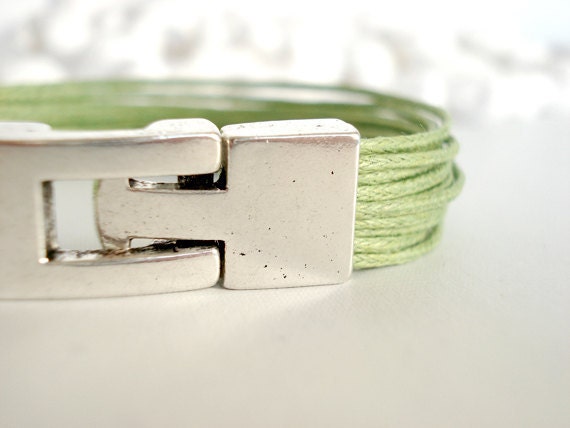 Apple green cotton bracelet. Silver clasp