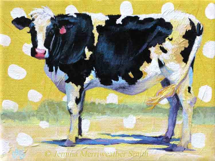 Black & White Cow Painting, Holstein Dairy Cow Art - Yellow Summer Fun - Archival Art Print 5 x 7 Jemmas Gems