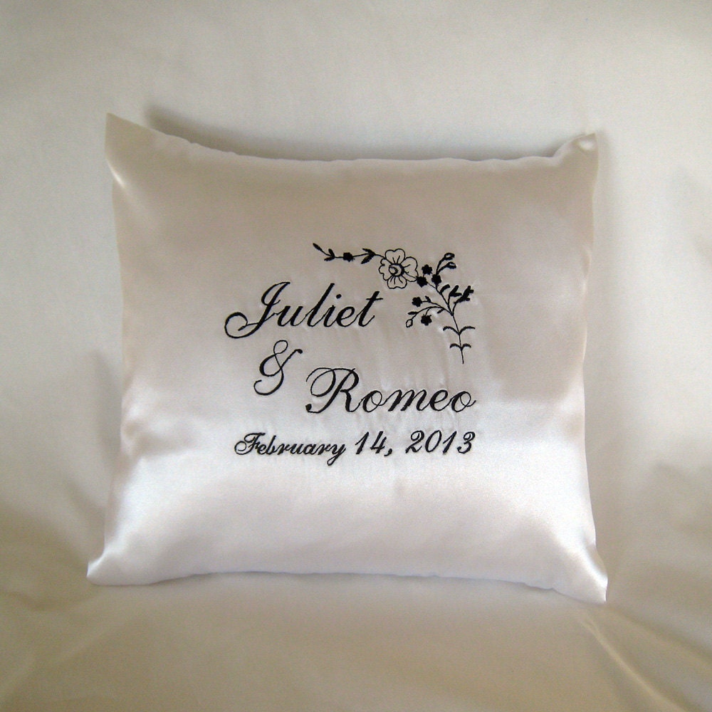 Wedding Ring Pillow Wedding Ring Holder Ring Bearer Pillow Embroidered Names White Black