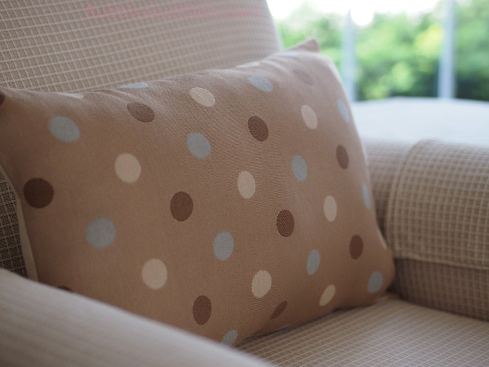 Home Decor PolkaDot Pillow Beige with Cream, Taupe Brown & Sky Blue Dots