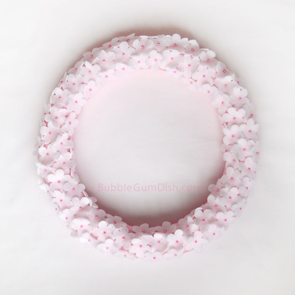 Easter Decor White Spring Wreath Felt Flower Cherry Blossoms Pink Ribbon 14 inch