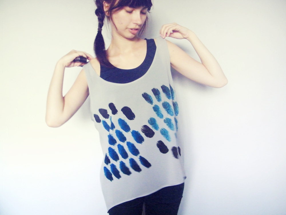 Ombre Zen Print Sheer Tank Top - Minimalist Geometric Abstract Shirt Gray Chiffon Tee Blue Black Hand Printed Tee Top