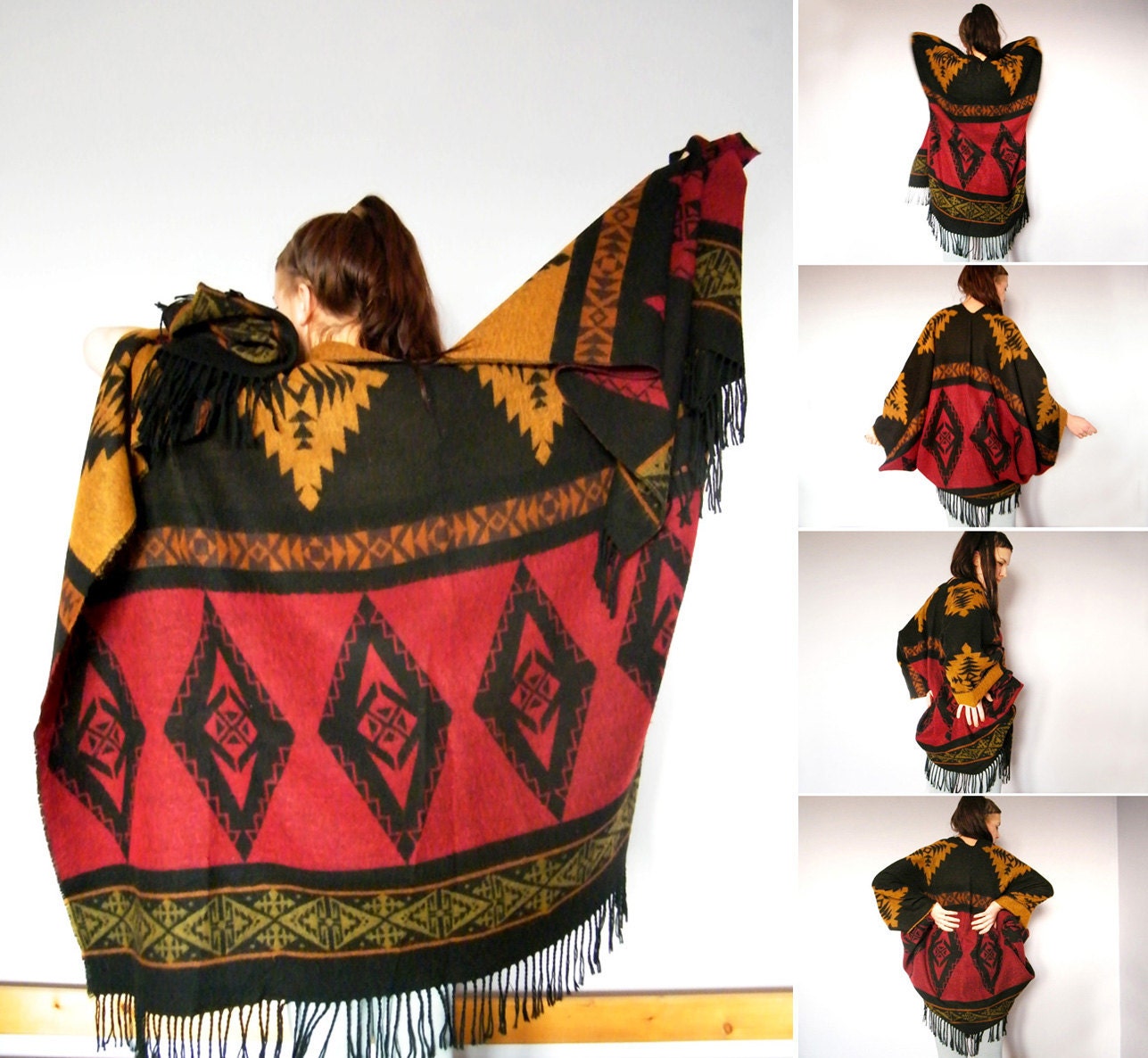 Southwestern Vintage Blanket Poncho Shawl with Geometric Ethnic NativeTribal Aztec Woven Pattern Fringe Bat Wing Cape Coat