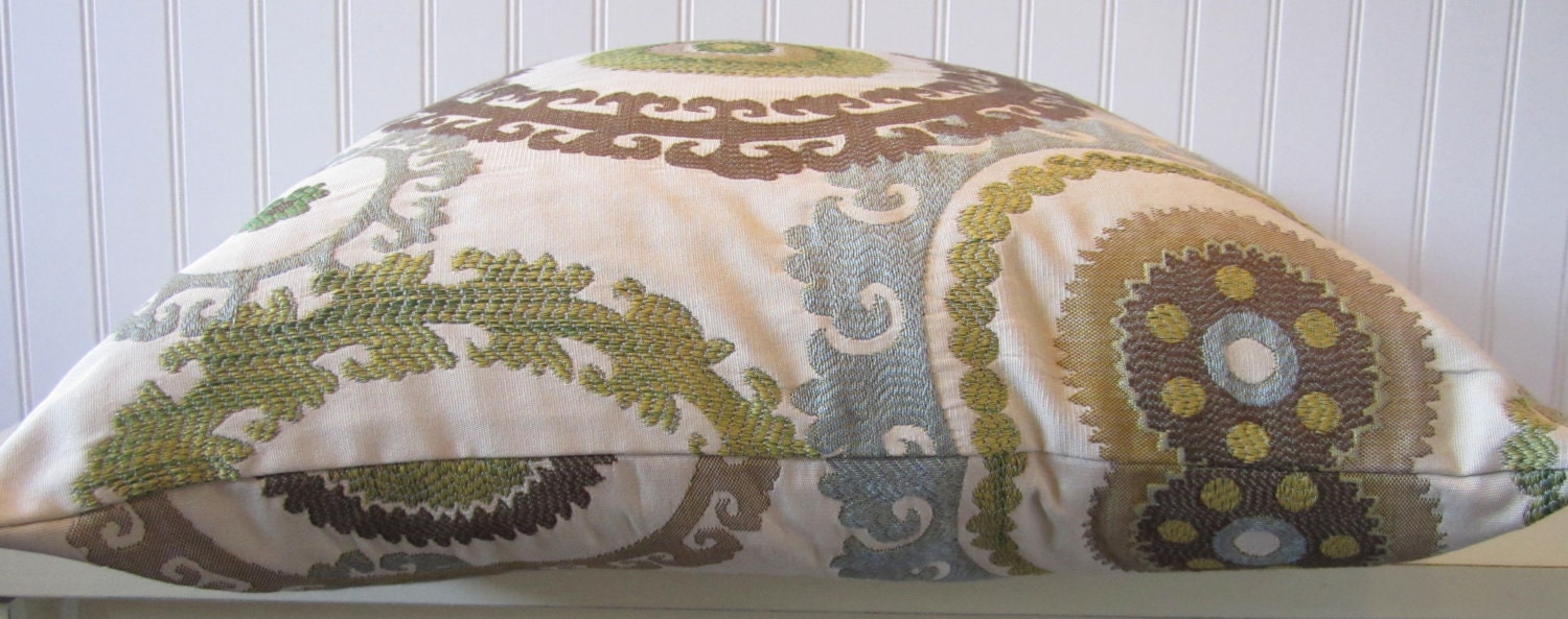 Suzani Decorative Pillow Cover--20 x 20 Gorgeous Throw Pillow--Slate Blue, Green, Taupe, Cream, Brown