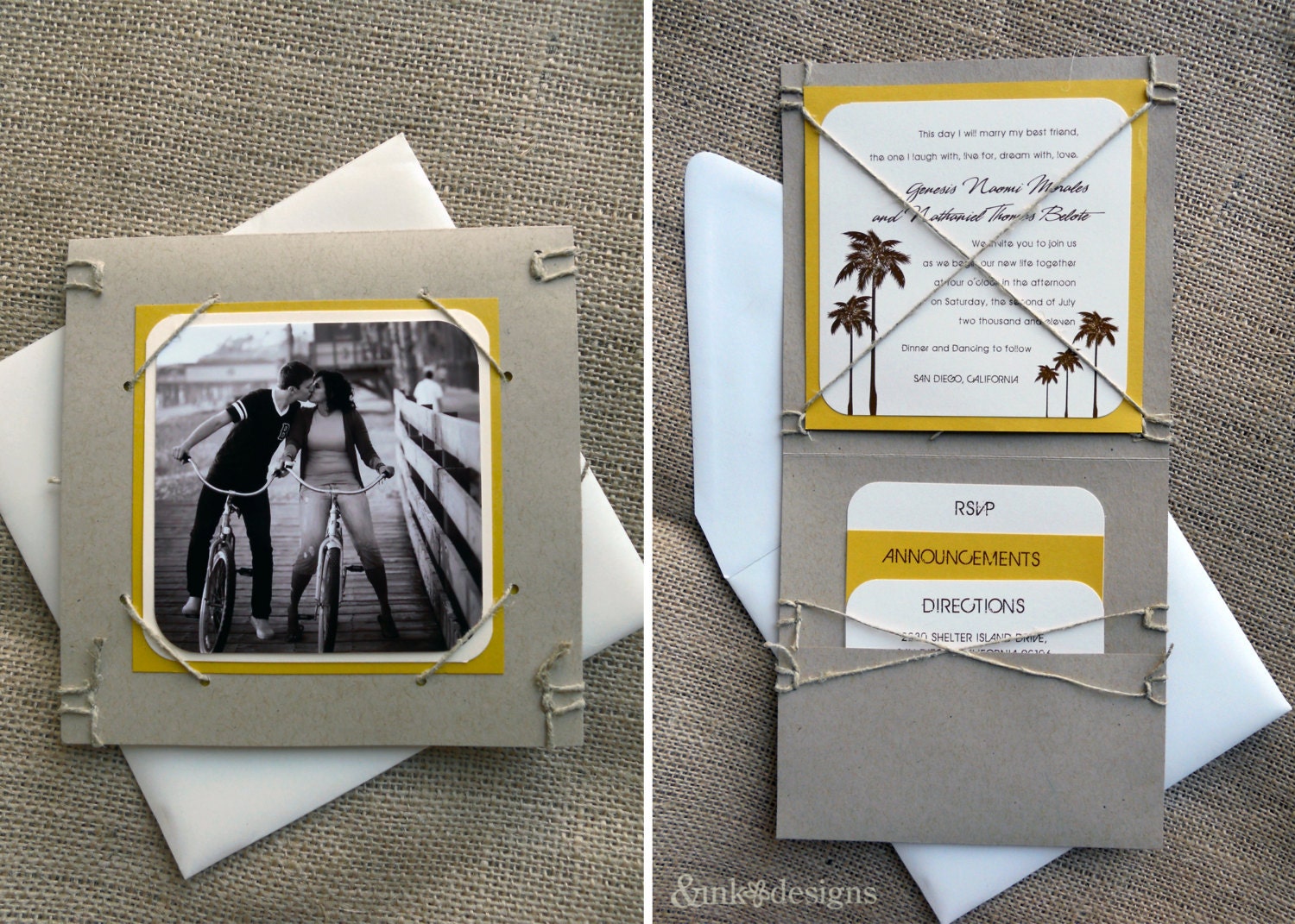 Eco-Friendly Wedding Invitation Suite - Day at the Beach - Kraft Paper & Hemp Twine - NO GLUE