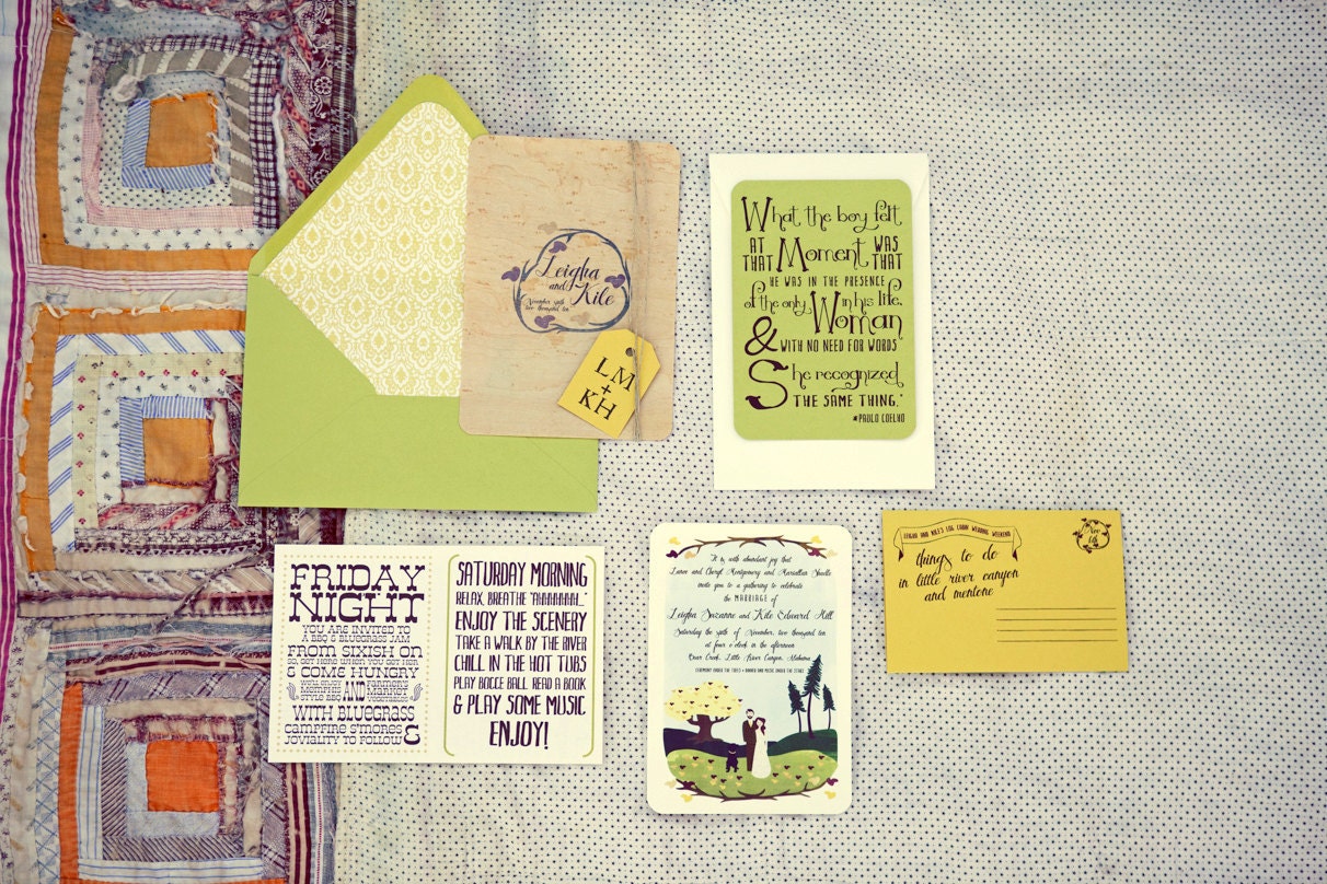 Rustic Wedding Invitation - Bride & Groom Custom Illustration