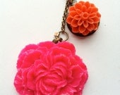Pink Peony Flower Necklace, Antiqued brass chain