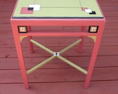 Vintage table- retro with handpainted geometric pattern in lime coral black white