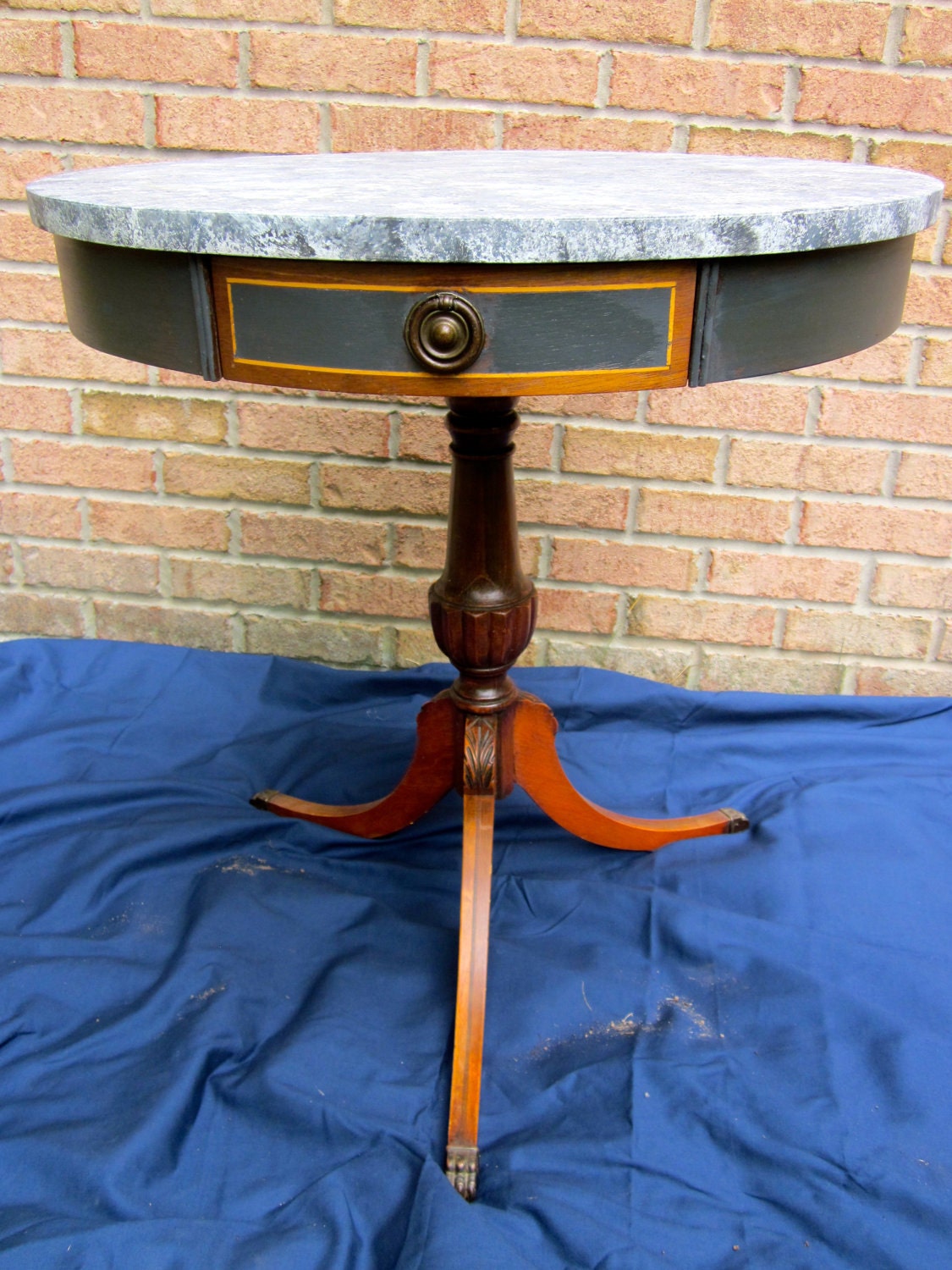 Vintage mid century accent  table pedestal hand painted granite look top