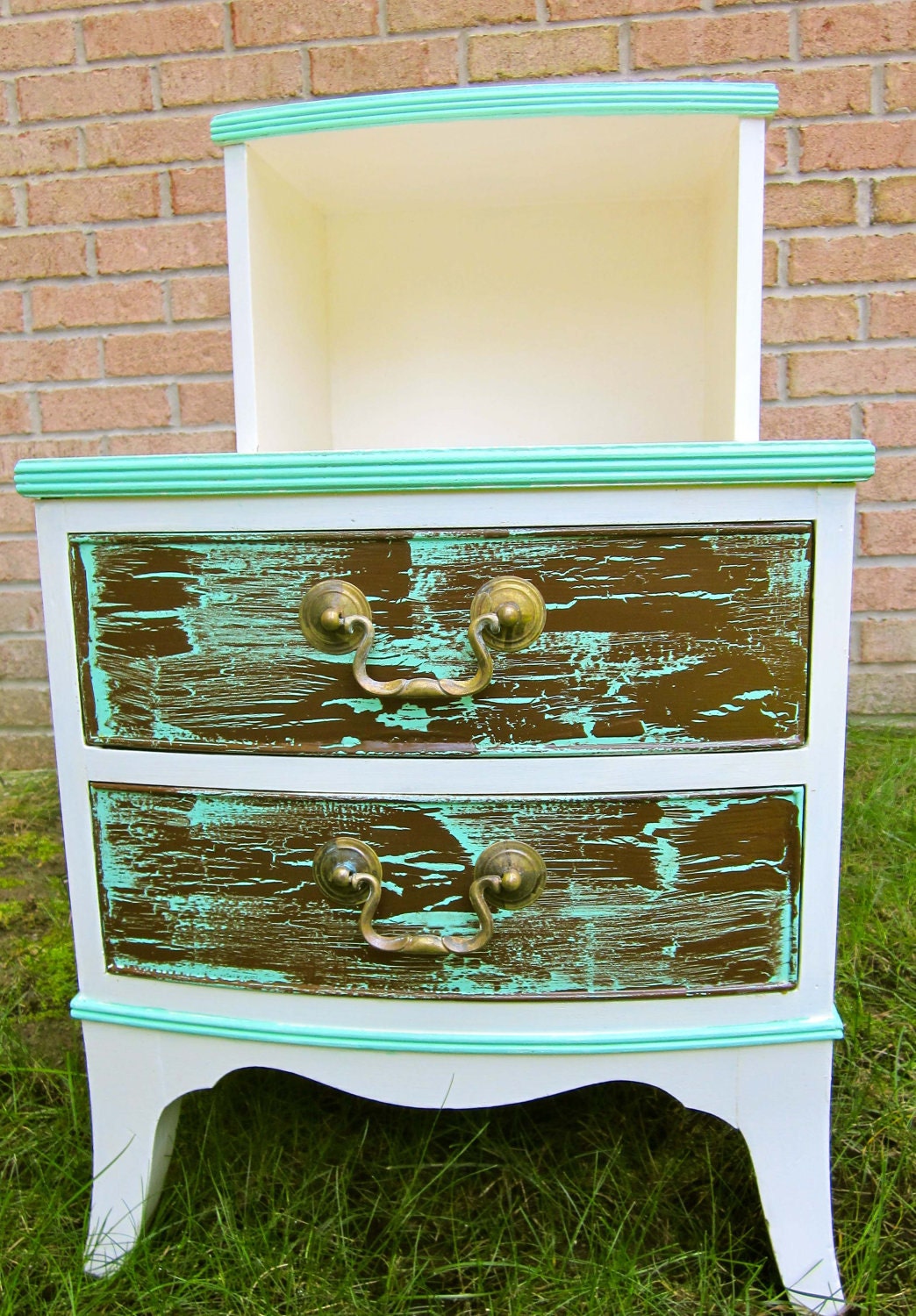Mid century retro end table night stand leather top two drawer mint white brown