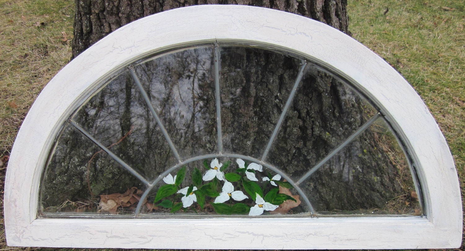 Salvaged window vintage  leaded glass, half moon , hand painted floral design