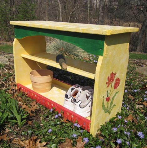 Work /Garden Bench with hand painted tulip design