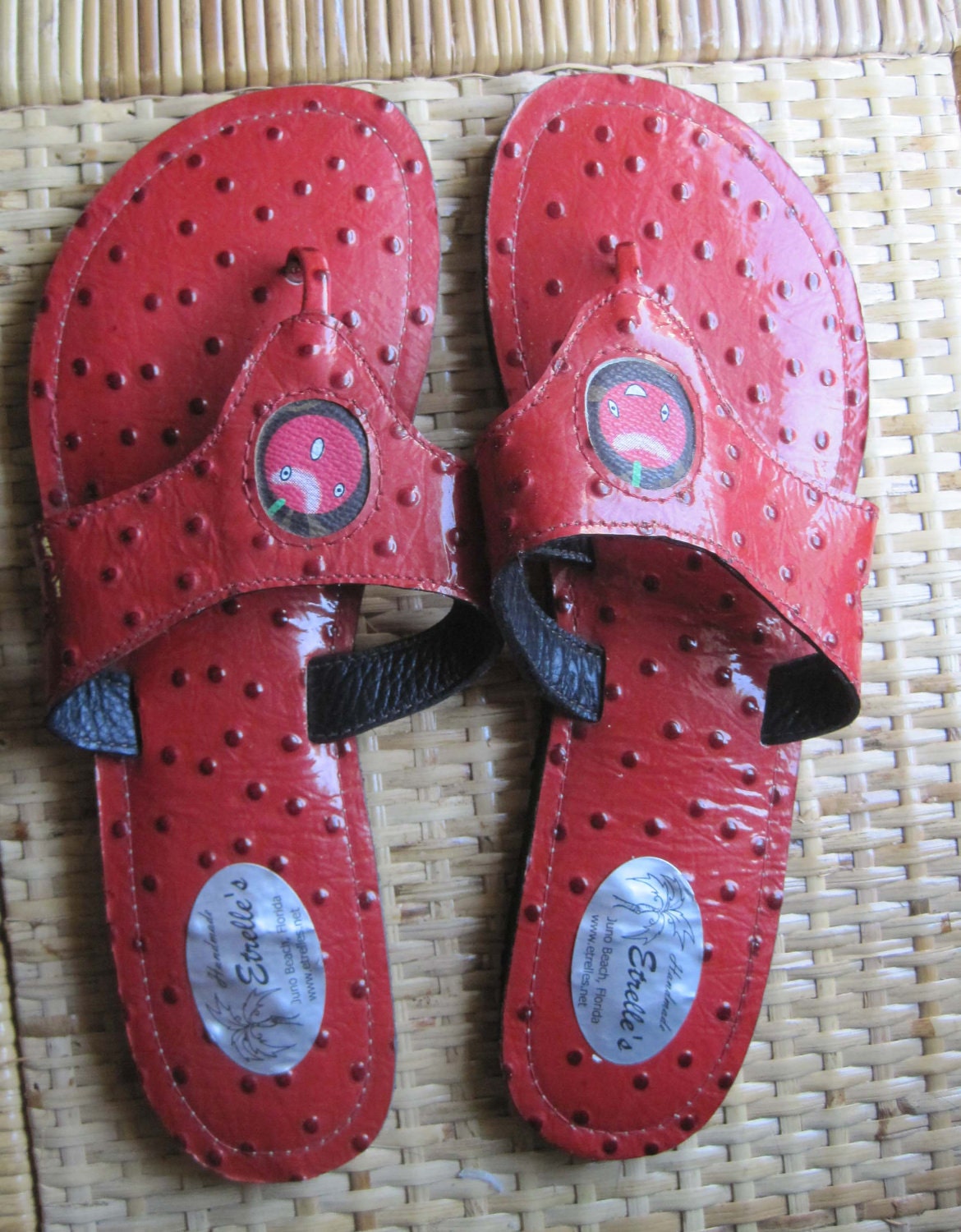 Red Ostrich Leather Print Sandals with Cherry Insert