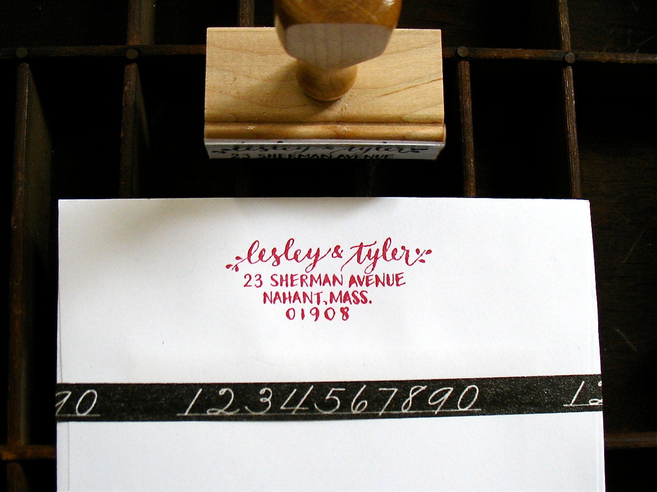 CALLIGRAPHY ADDRESS STAMP - Return Address in Script & Block Caps - Custom, Wedding Envelopes - Wooden Handle