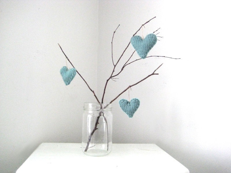Set of 3 Hearts: Hand Knit Decor Ornaments WITH Hangers