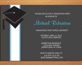 Blue Cap and Ribbon Graduation Party Invitation Cards PRINTABLE DIY