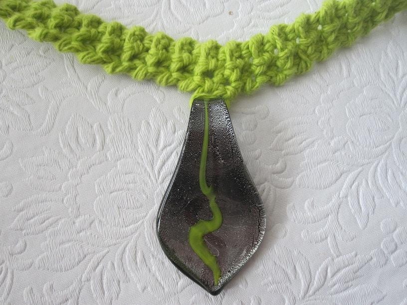 Crochet Necklace with Silver Foil Glass Lampwork Spoon Pendant
