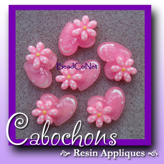 SALE - Pink Heart with Flower "My Love" Kawaii DIY 14.5mm Plastic Flat Back Cabochons (6 Pieces) - KarPenaEnterprises