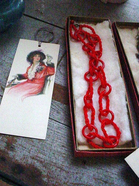 Vintage Art Deco Czech Necklace Red Glass Circle Links Chain NOS