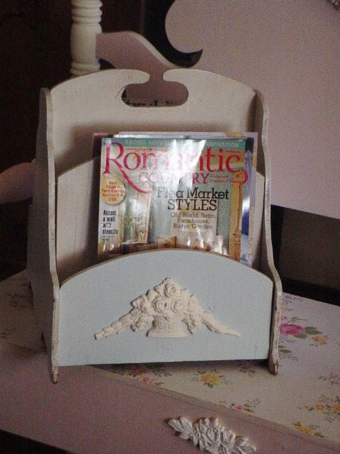 Shabby Chic Magazine Rack Basket of Barbola Roses Blue White Romantic Cottage Decor