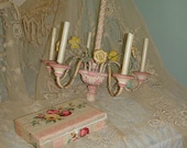 Vintage French Chandelier Pastel Roses Hand Carved Whimsical Chic Cottage Decor OOAK Antique