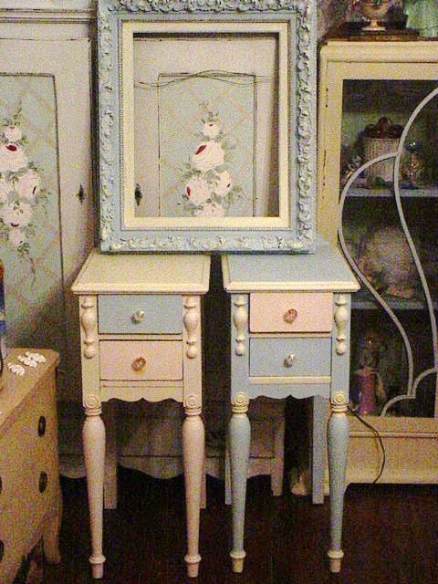 SALE Vintage Pair 1930s Nightstands Vintage Roses Wallpaper Glass Knobs Pink and Blue Cottage Prairie Chic Furniture