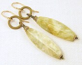 Green Stone Earrings - Long Dangle Brass Circle Sage Agate Gemstone Rustic Brass Fashion for Her Under 25