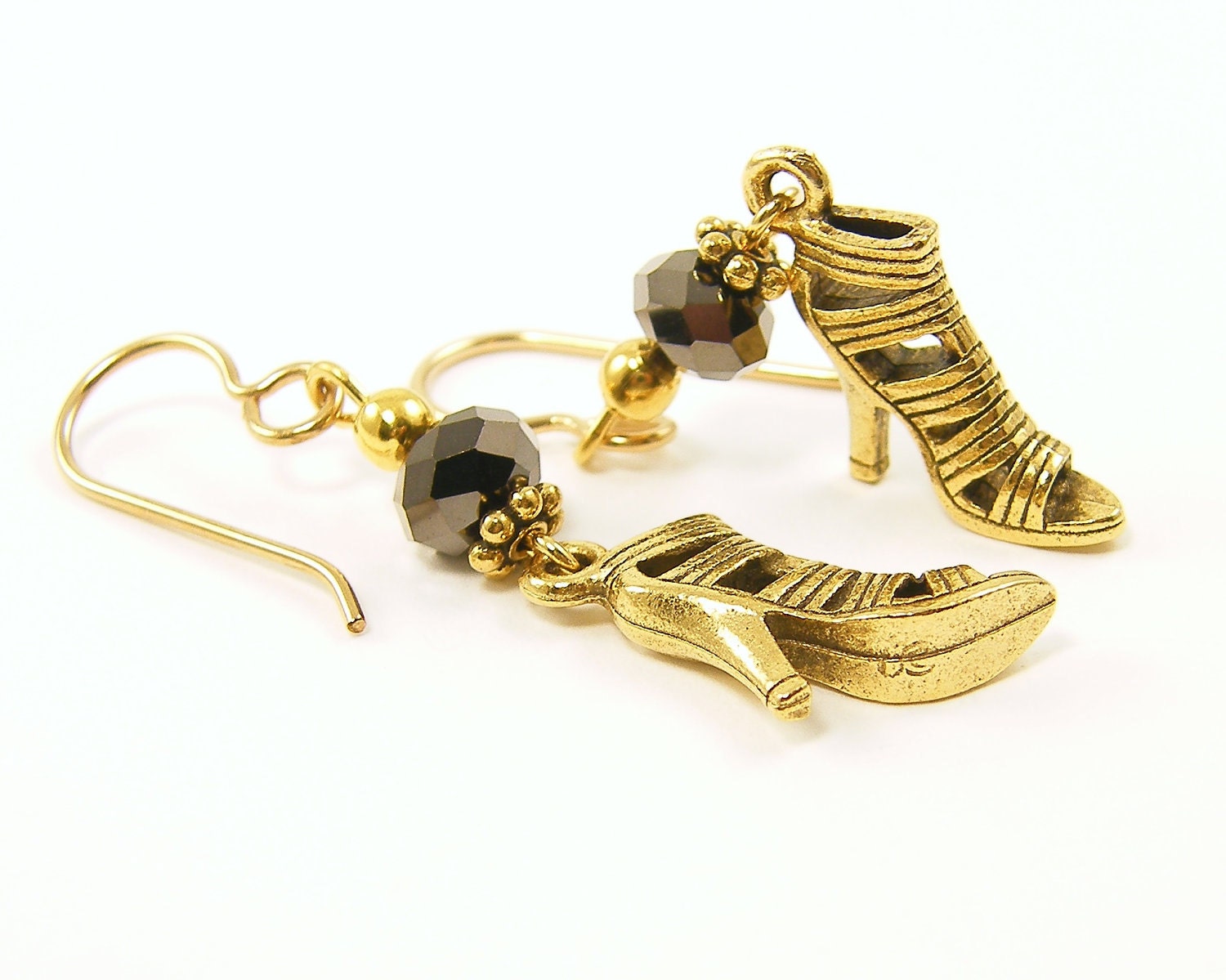 Fashion Earrings - Gold Shoe Black Luster Bead High Heel Sexy Stiletto Dangle Accessory Jewelry - CharleneSevier