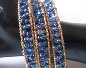 Wire Wrapped Bracelet Vintage Brass Bangle With Wire Wrapped Meridian Blue Crystals - Perfect for Stacking Mixing And Matching