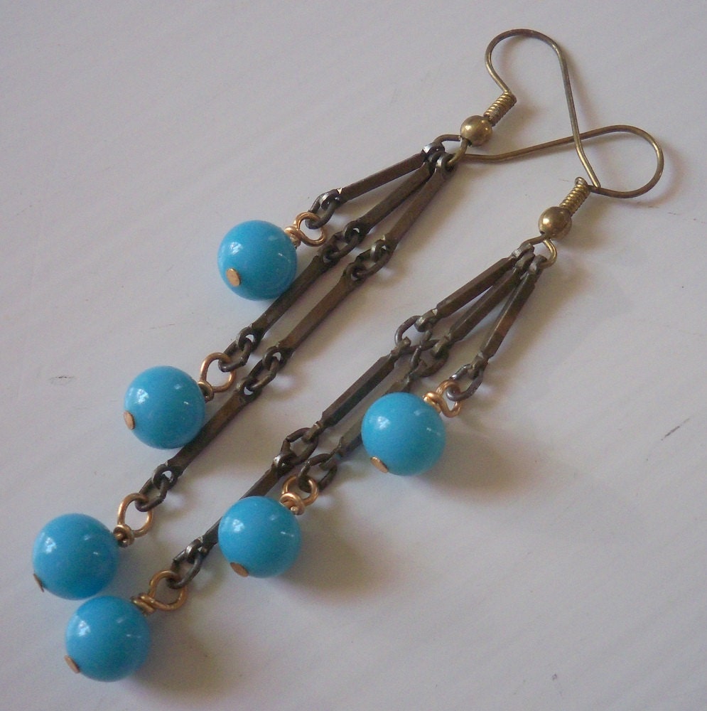 Upcycled Recycled Repurposed Vintage Aqua Glass Bead And Chain Earrings Elegant And Unsual Earrings Handmade By VintageWrapture