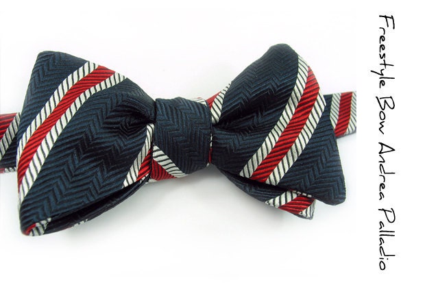 Mens Bow Tie Andrea Palladio- Navy Blue and Red striped Silk bowtie