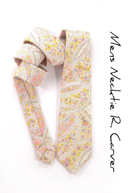 Wedding Mens Necktie R. Carver - Pink, gold and grey blue paisley tie