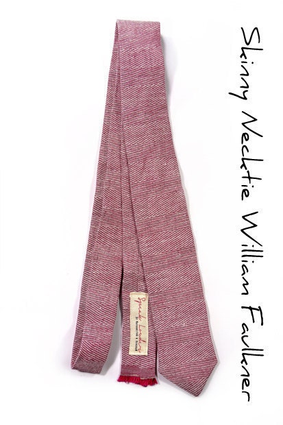 Wedding Mens Tie Skinny Necktie William Faulkner- Laid-Back necktie-dark pink and white herringbone linen