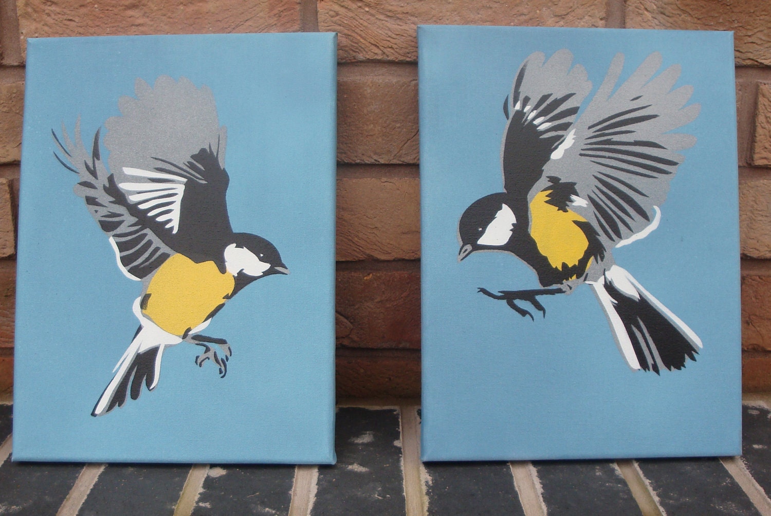A Pair of Great Tits - Spraypainted Stencil on Canvas