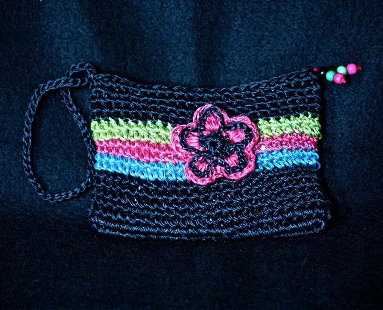 Black Wristlet, Neon Stripes and Flower in Fique from Colombia