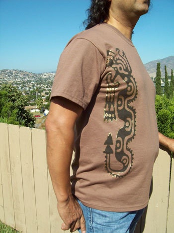 Mens Brown Shirt - Aztec Feathered Gold Serpent -Gold Foil Accent  - Medium, Large, Xl Mexican Latin Inspired