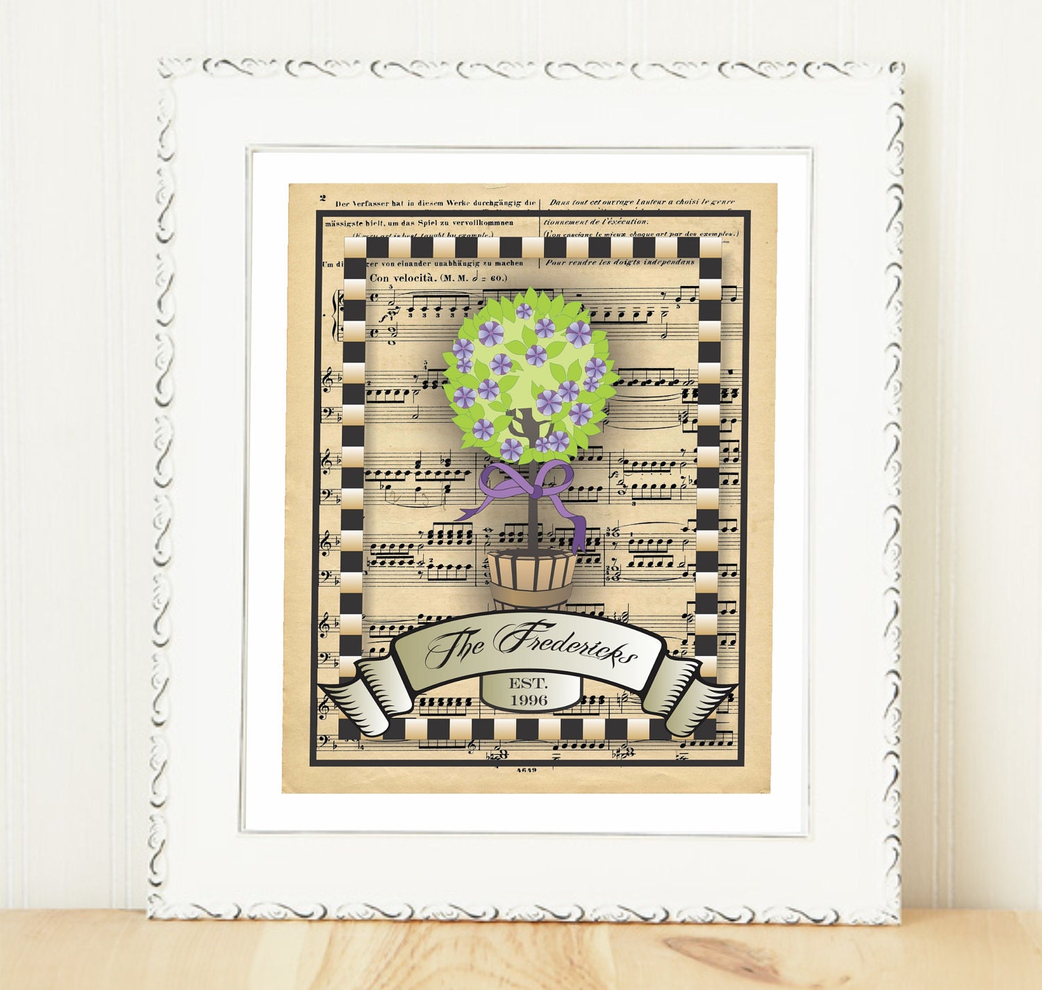Vintage Sheet Music Family Name Art Print / Established / Topiary Digital Print / Wedding Name