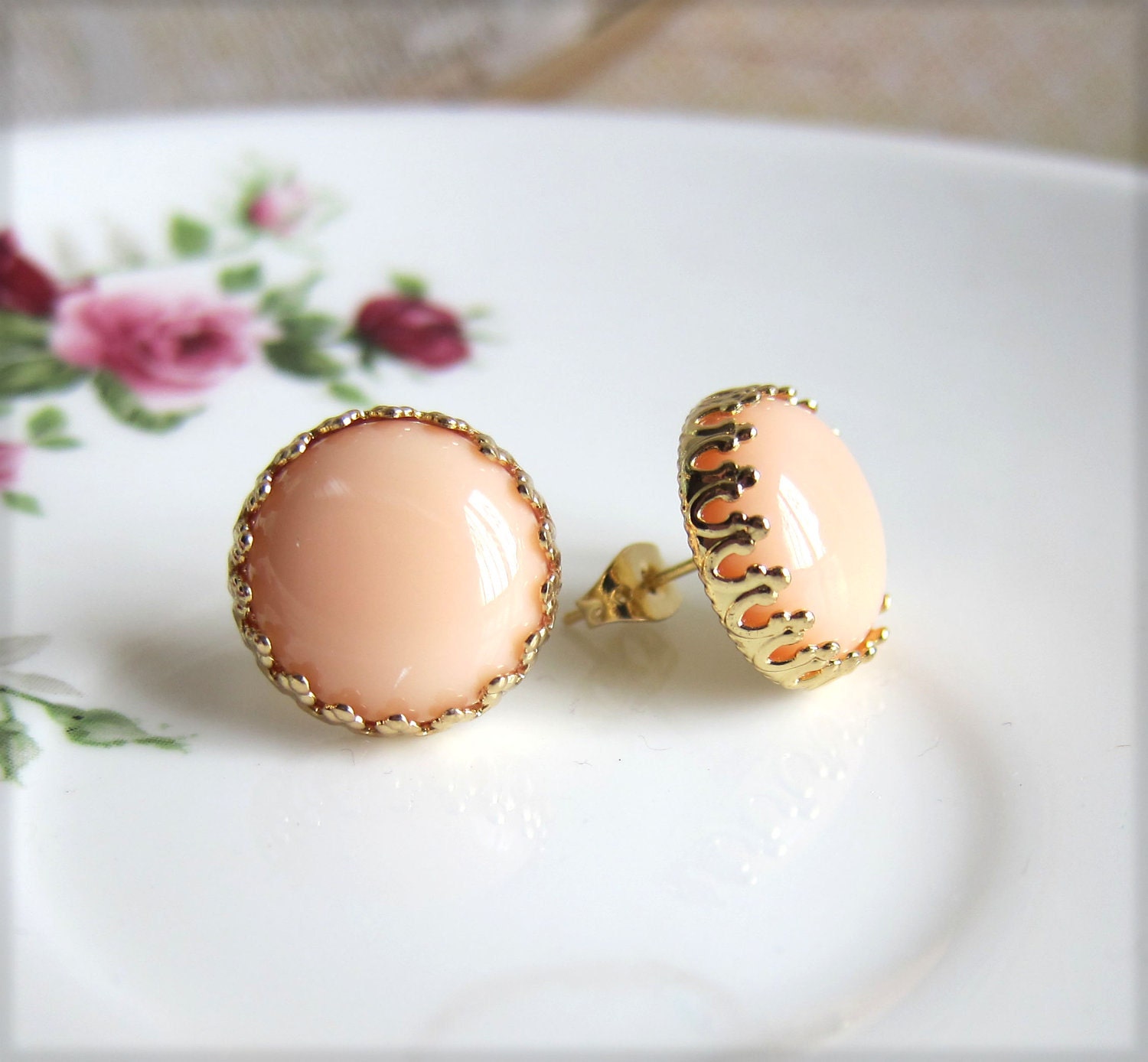 Gold Peach Studs Gold Peach Earrings 18K Gold Plated Studs Bridesmaids Bridal Jewelry Wedding - Pink Coral Blush