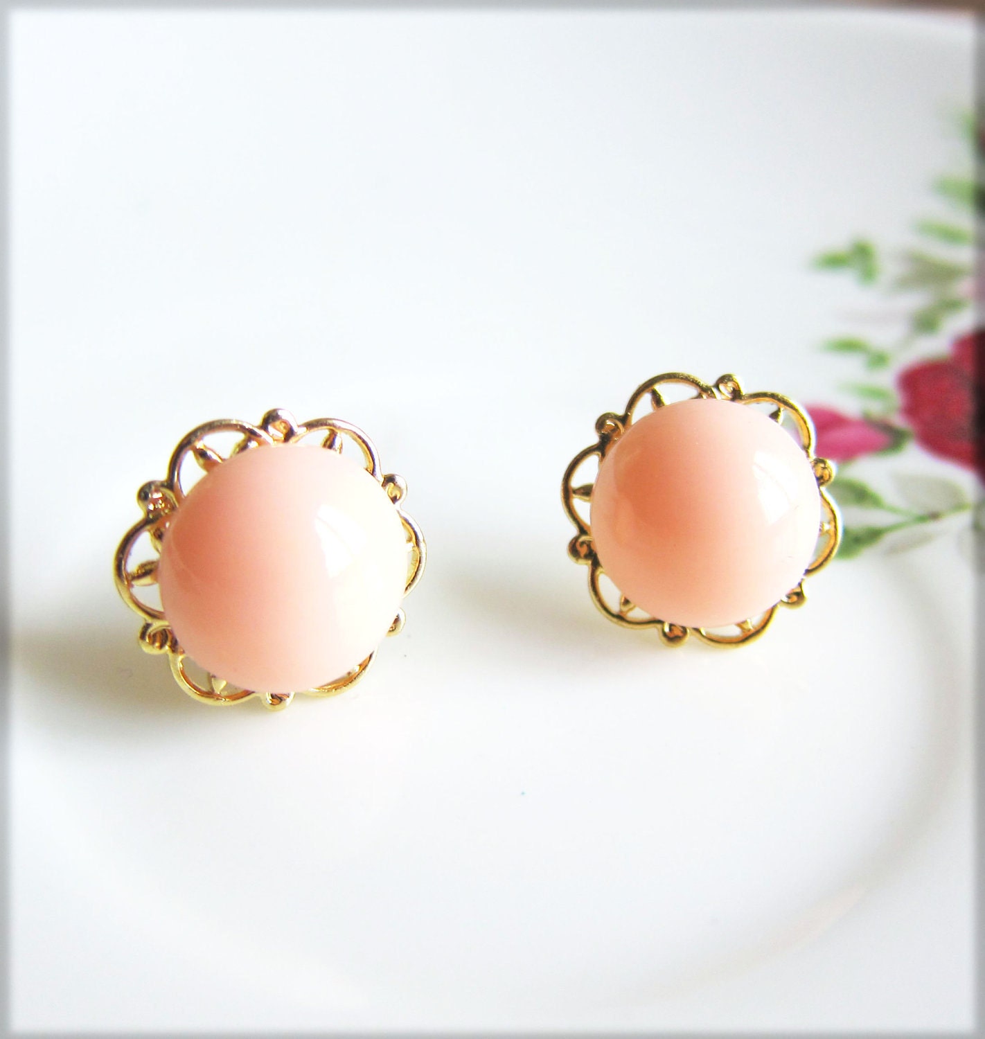 Peach Earring Studs Gold Filigree Post PInk Coral Vintage Style Retro Romantic Shabby Chic Quaint - Petite Peach