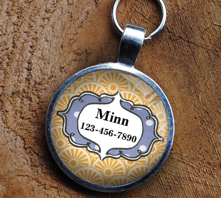 Pet iD Tag yellow and grey patterned colorful round Dog Tag 35mm round -  by California Mutts