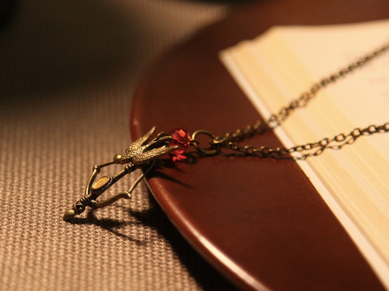 The Hunger Games Inspired Mocking Jay & Bow and Arrow Necklace with Red Fire Crystal- FREE WORLDWIDE SHIPPING