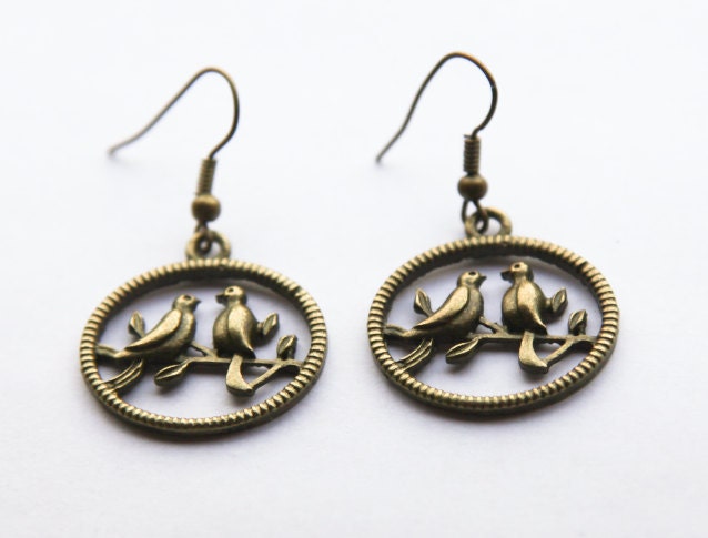 Love Birds on a Branch Charm Earrings Vintage Style Bronze, Circle Charm