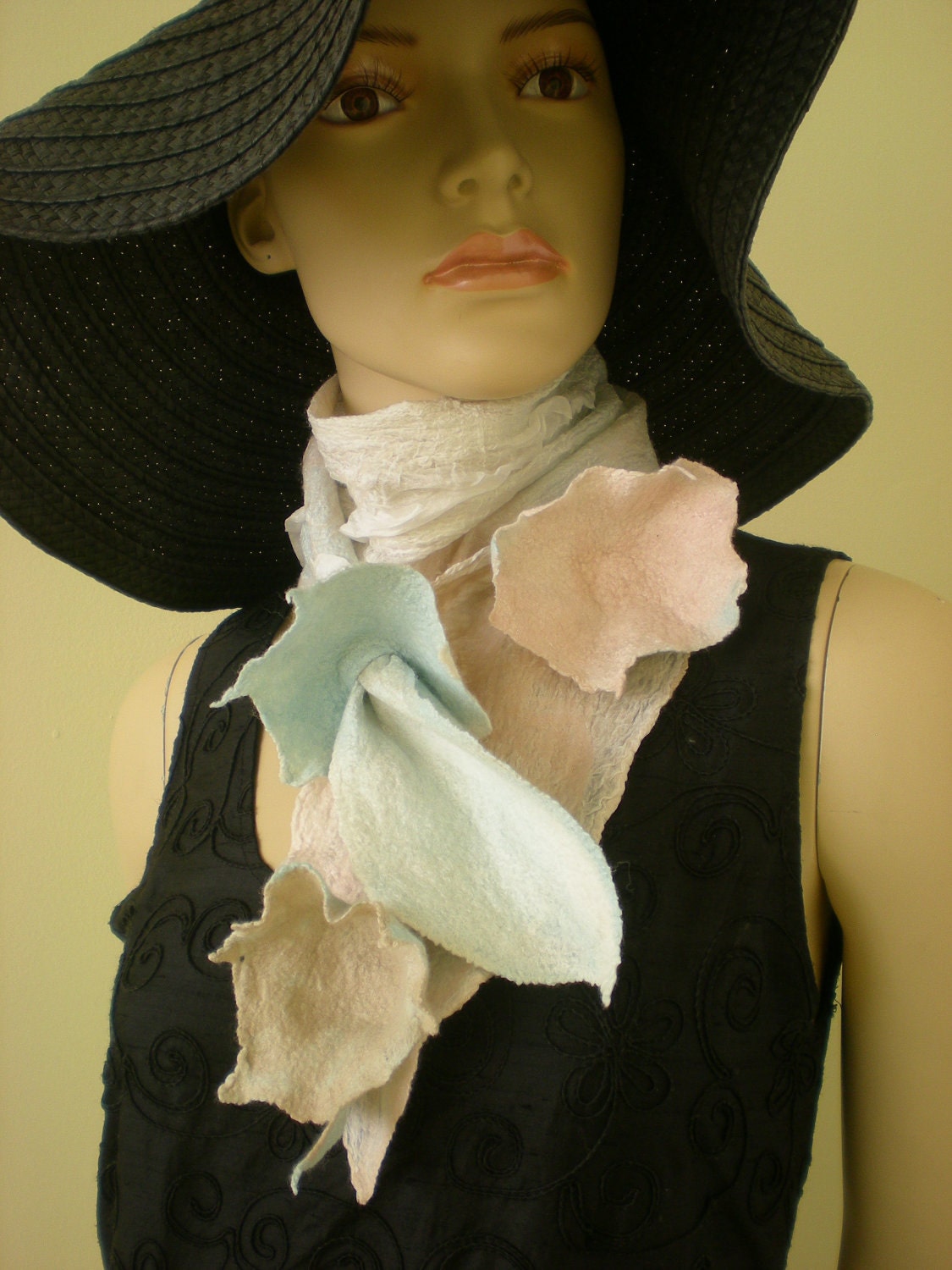 Nuno Felted Scarf. 50/50 Merino/ Mulberry Silk Art. Light pink and blue colours with 3D flowers