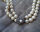 Vintage 1960's Double Stranded Off White Pearl Necklace with Rhinestone Flower