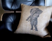 Whimsical Elephant with Corsage Cottage Style Rustic Burlap Pillow  16 x 16 inches