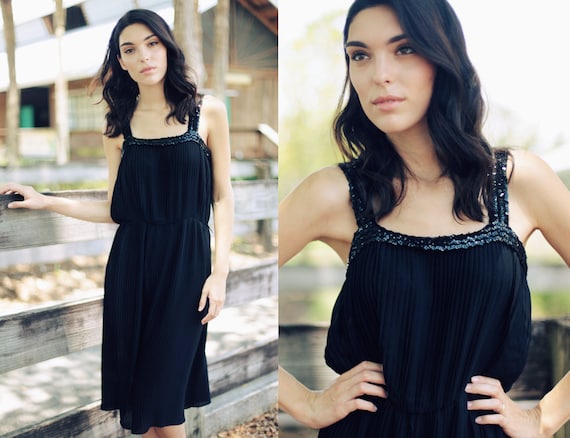 Vintage 1970s Black Sequin Trim Pleated Summer Dress