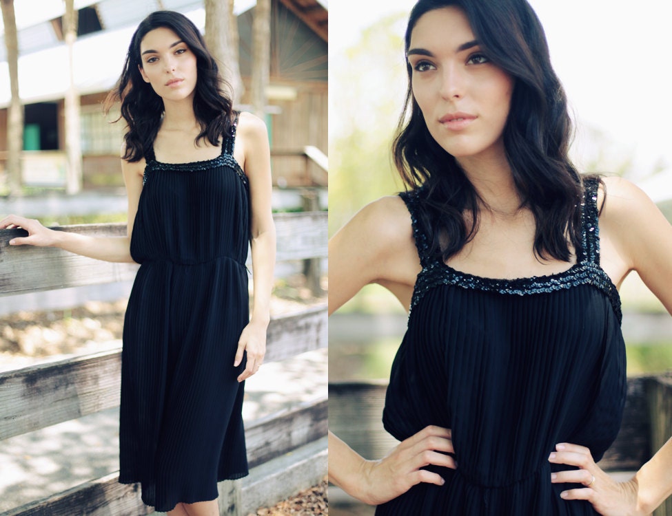 Vintage 1970s Black Sequin Trim Pleated Summer Dress