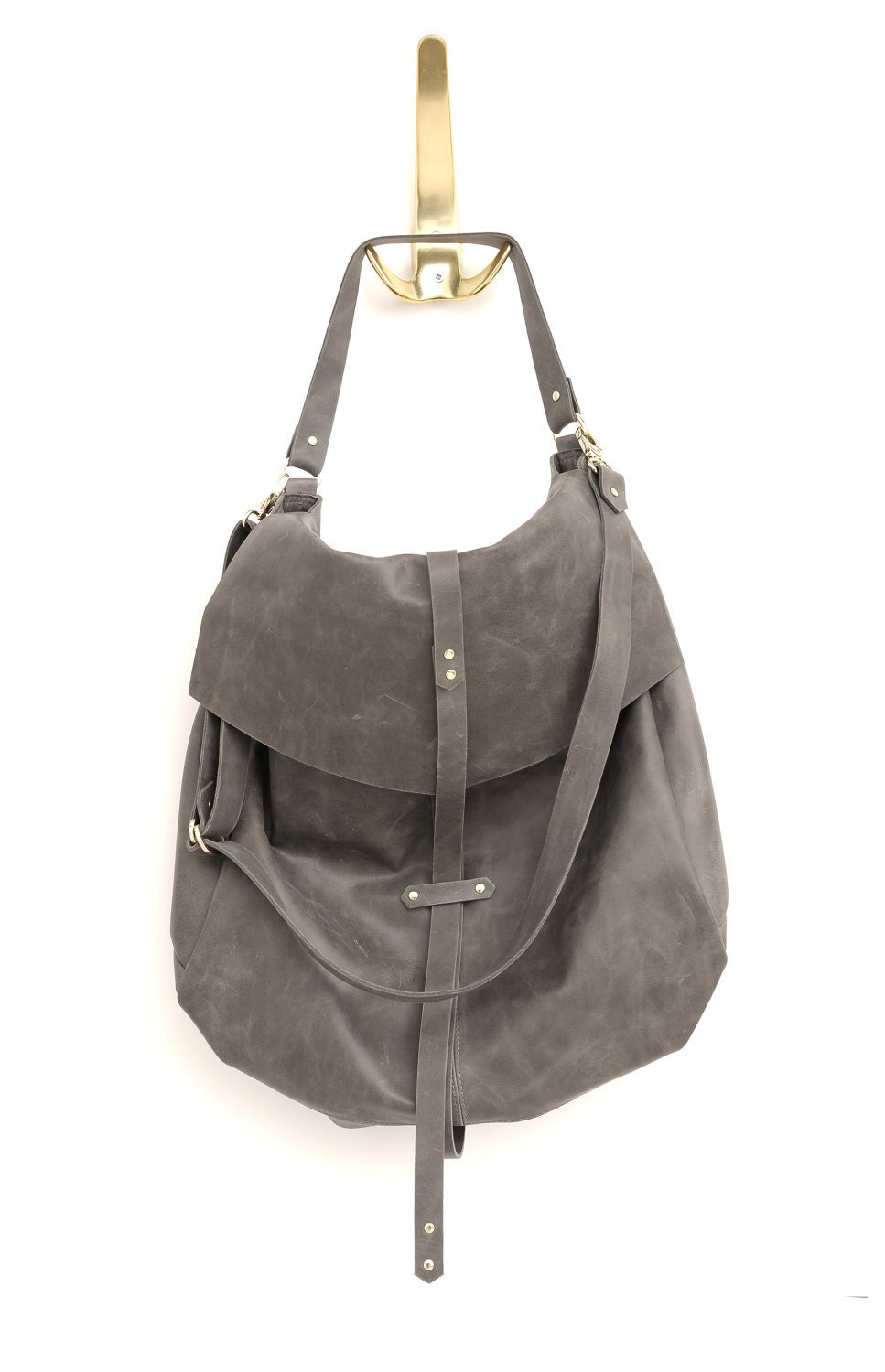 Gray leather bag - hobo bag