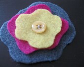 Felt Flower Hair Clip in Neon Yellow, Fuchsia, and Dusty Teal with Button