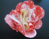 Fabric Flower Hair Clip in Coral with White Polka Dots, Light Yellow Floral, and Lace
